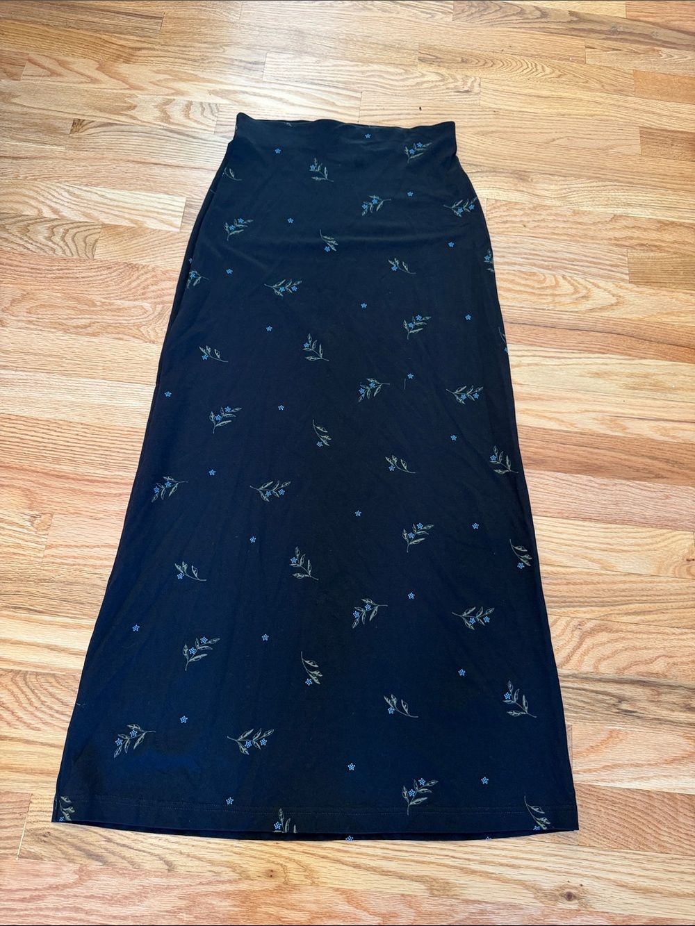 Black Floral Maxi Skirt with Subtle Blue Accents